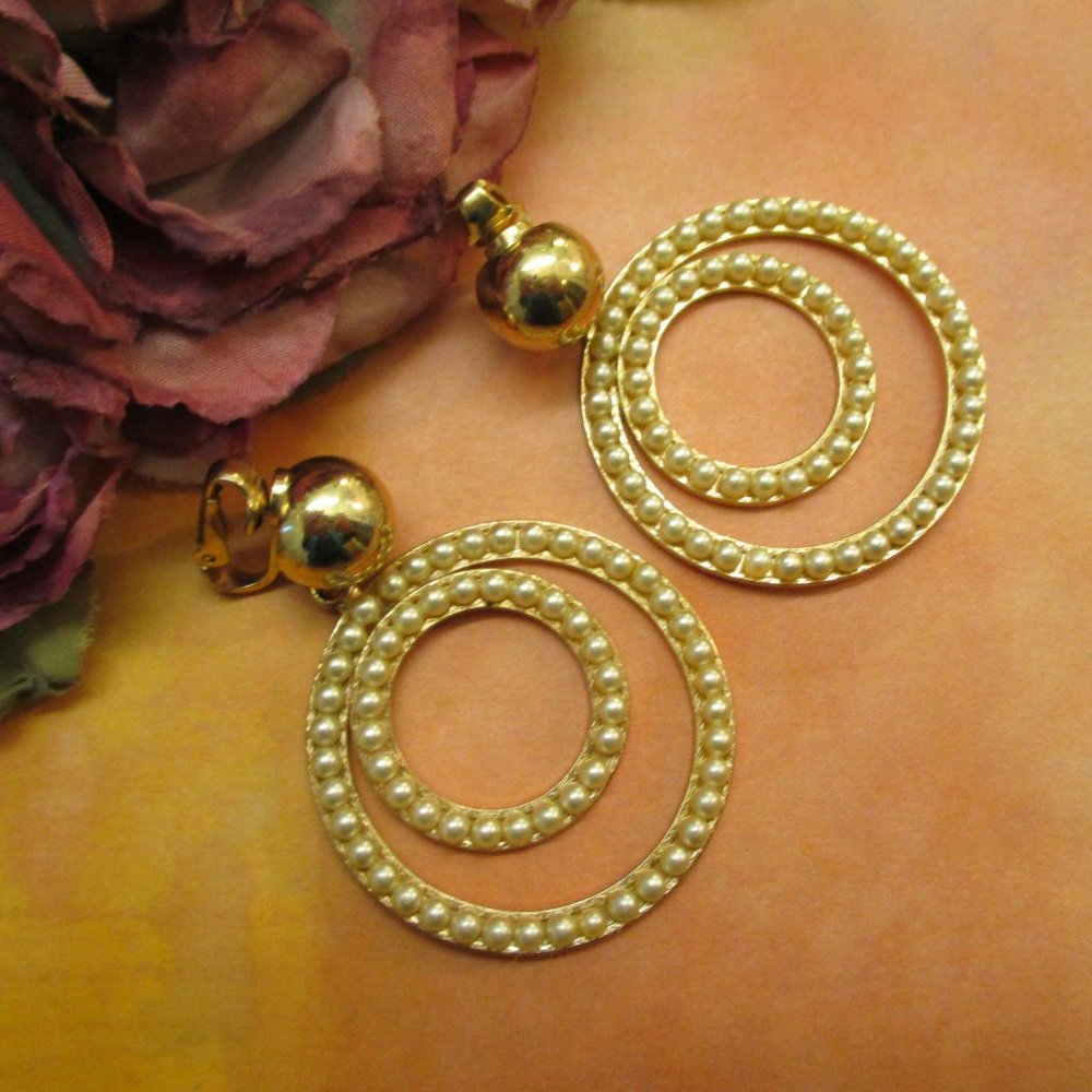 BERGERE Dangle Hoop Earrings~Designer Gold Plate Pearl Studded Hoop Earrings